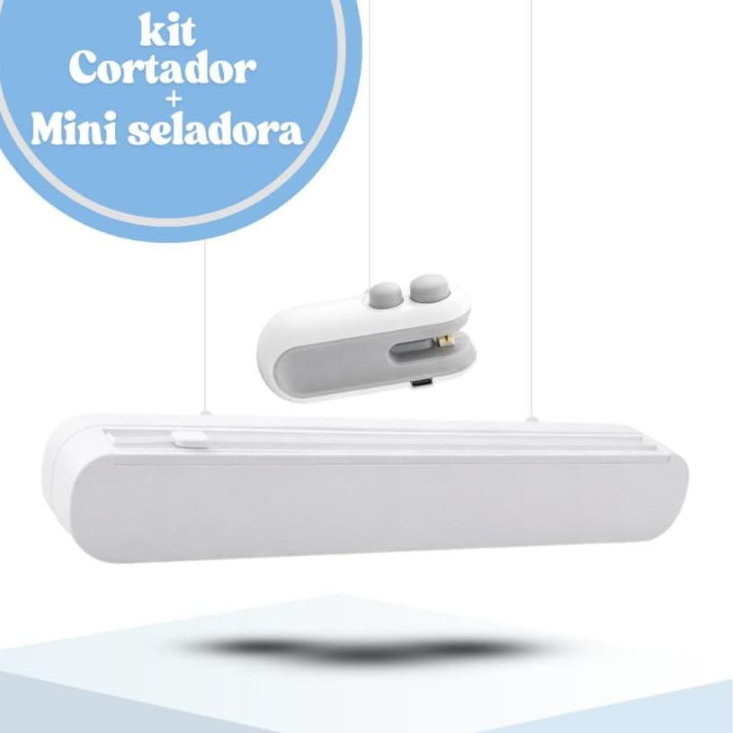 Kit Seladora Portátil 2 em 1 Recarregável USB + Cortador Filme PVC com Ventosa Selador de Embalagens
