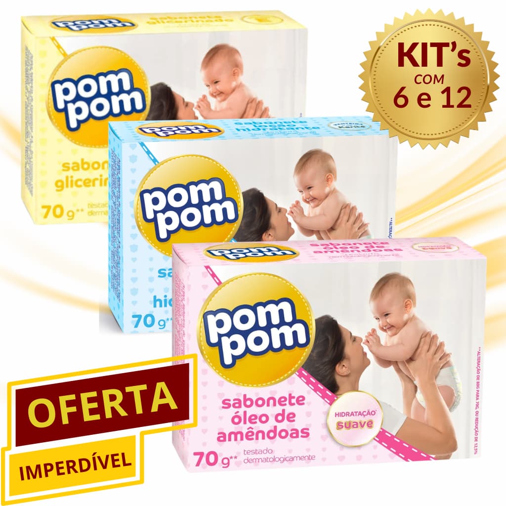 Kit 6 ou 12 unidades Sabonetes Pom Pom 70g - ESCOLHA - Glicerinado, Óleo de Amêndoas e Manteiga de Karitê pompom
