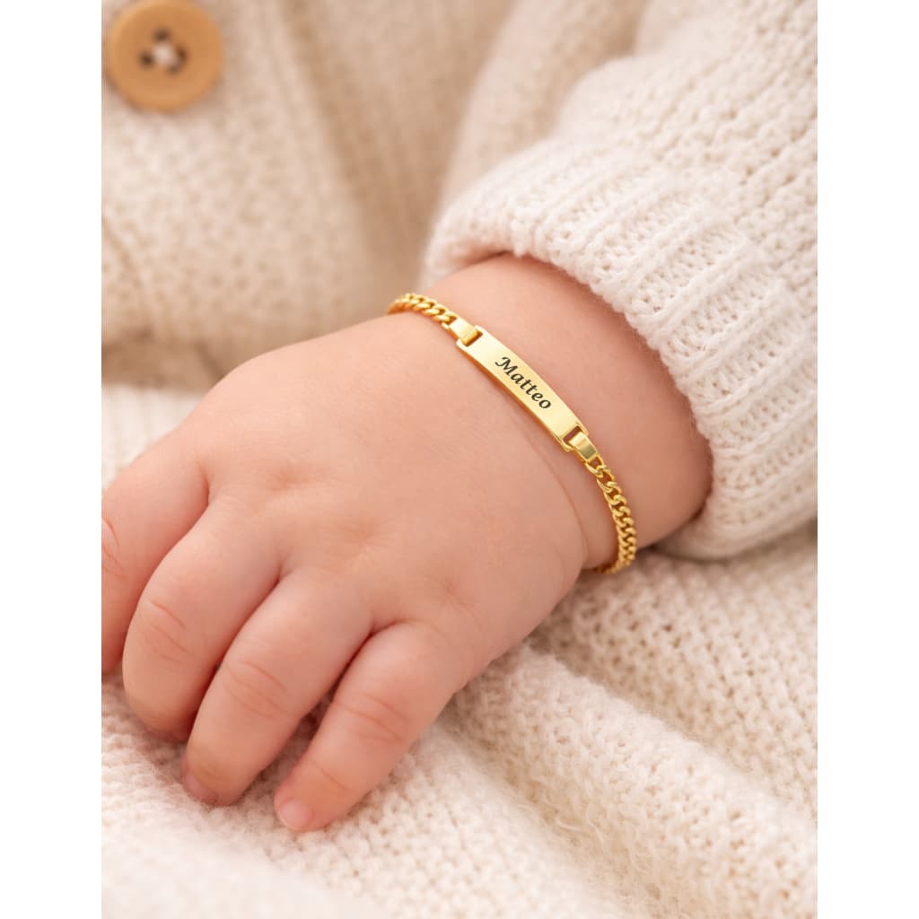 Pulseira Infantil Personalizada com Nome Gravado a Laser Folheada a Ouro 18k ou Prata 925 Recém Nascido Chapa