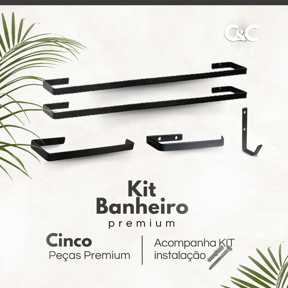 Kit Suporte Acessórios para Banheiro Porta  Toalha Papel E Gancho Multi Uso 5 peças  Preto tx