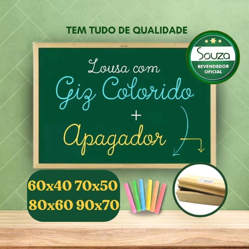 Lousa Quadro Escolar Souza com Porta Giz apagador + Giz 60x40  - 70x50 - 90x70 Educação e Qualidade Escolar