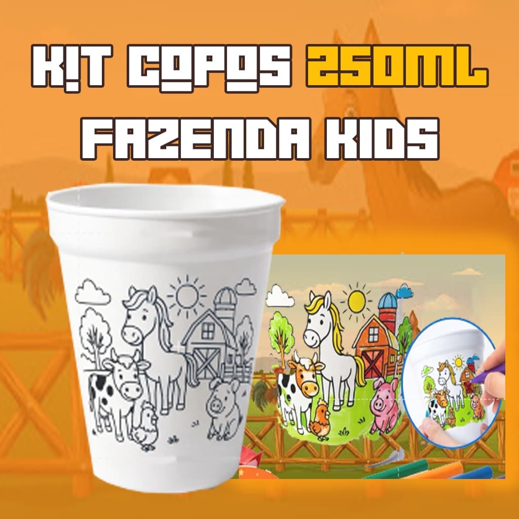 Kit de 10 a 50 Copos para Colorir Fazendinha Infantil – Festa, Aniversário Brindes e Lembrancinhas 🐮o