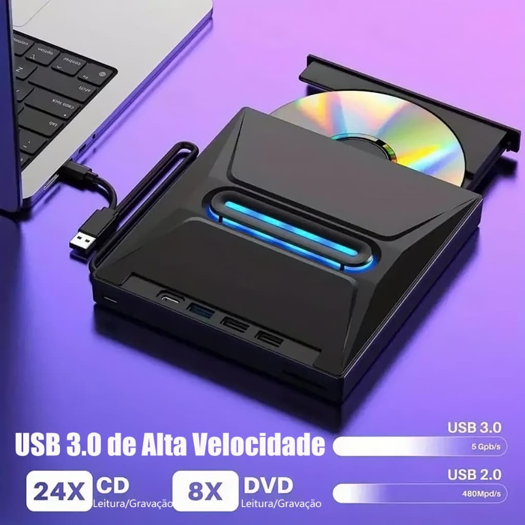 7 Em 1 Gravador Leitor CD DVD Externo Usb3.0 PC Notebook Compatível Mac Alta Velocidade