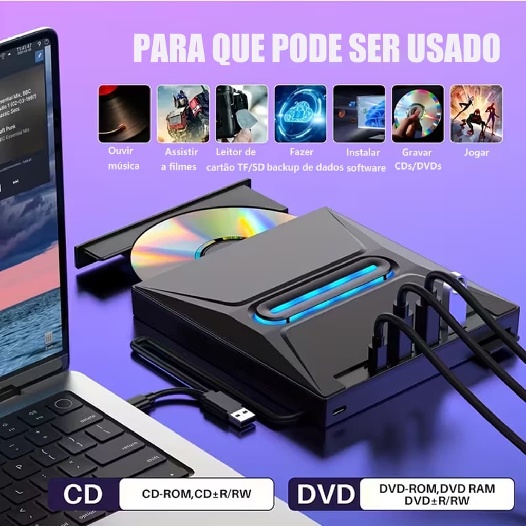 7 Em 1 Gravador Leitor CD DVD Externo USB 3.0 PC Notebook Compatível Mac Alta Velocidade