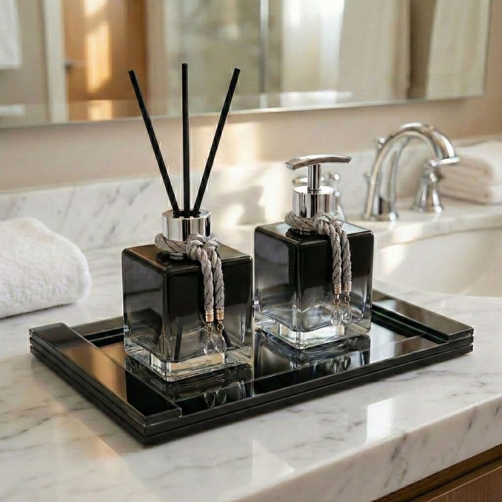 Kit Lavabo e Difusor Aromatizante Sabonete Liquido Cubo Luxo De Vidro Com Bandeja Trama