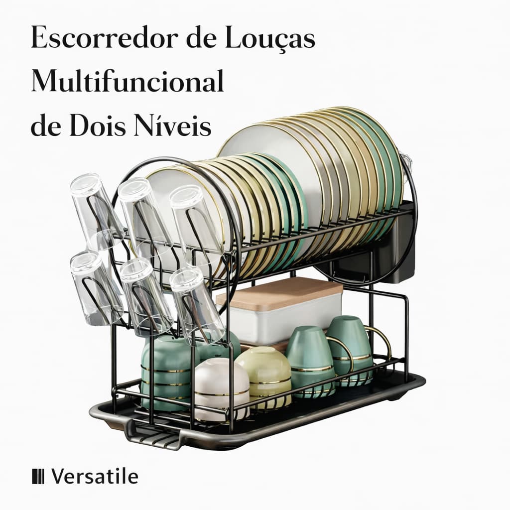 Escorredor de Louça 2 Andares Preto com Bandeja Coletora e Porta-Talheres – Anti Ferrugem