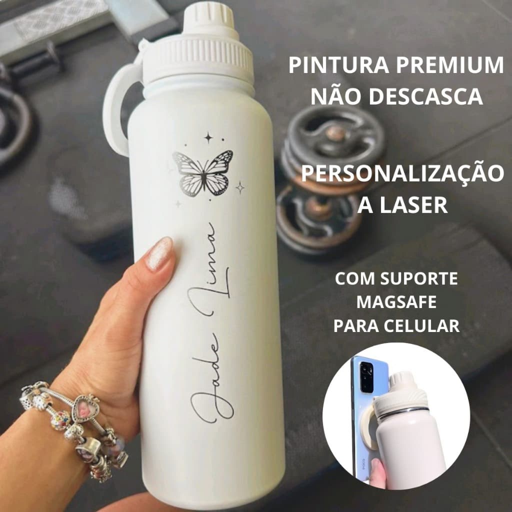 Garrafa Térmica Mag Safe Tripé Celular Suporte 800ml/1.2L Bear Thermal Mari Nome Tinta Eletrostática