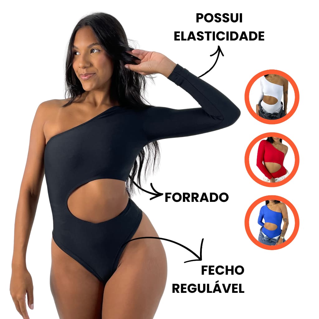 Body Bory Feminino Vazado Um Ombro Só Mula Manca Manga Longa com Fecho Suplex Premium