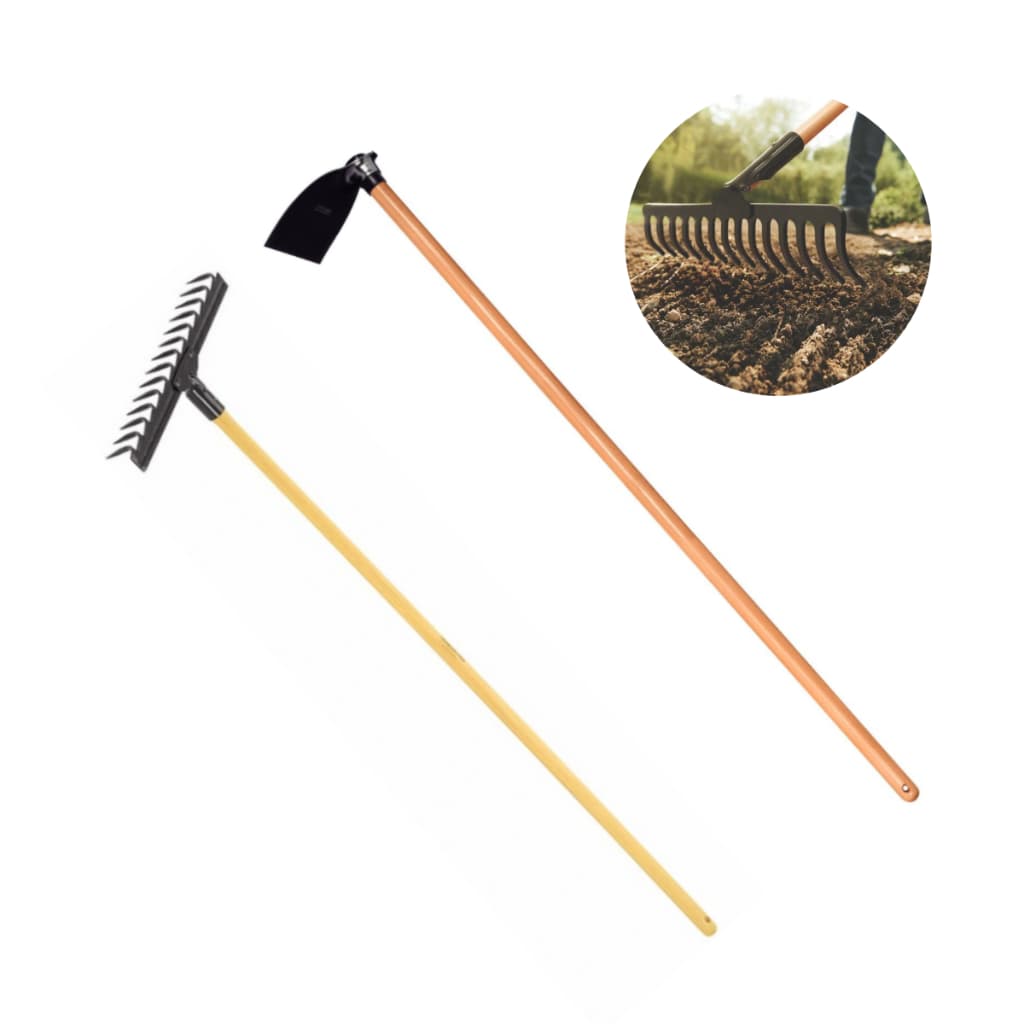 Kit Ancinho Com 14 Dentes + Enxada Larga 22cm Com Cabo Jardim Agricultura Construção