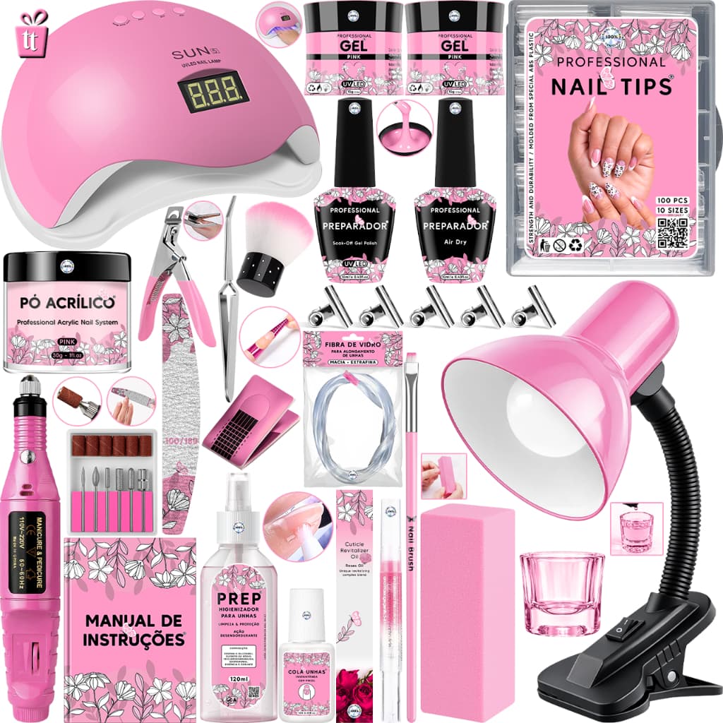 Kit Unha Gel Completo Cabine Sun 5 48W Lixadeira Caneta Pedicure e Manicure Alongamento Extensão Unhas Porcelana Acrigel