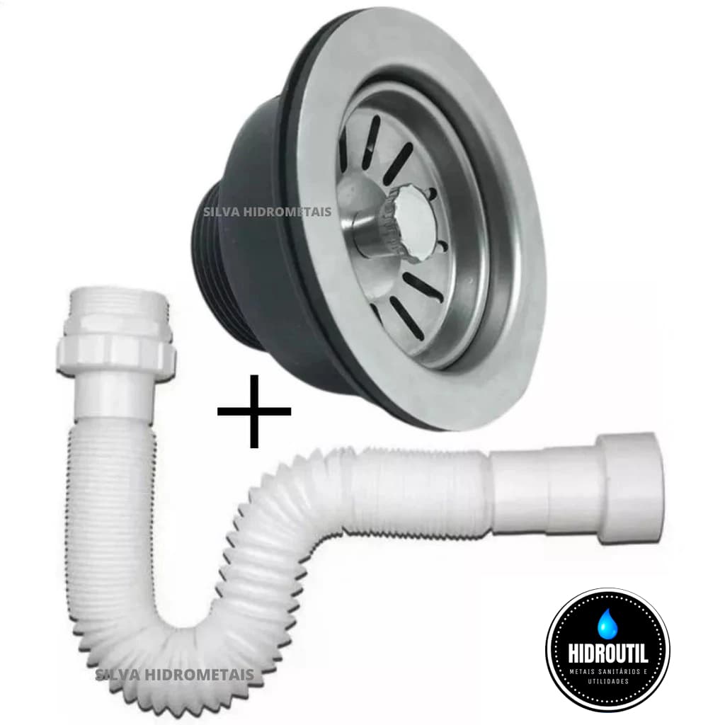 Válvula Pia Cozinha Americana Inox 3. 1/2 + Sifão Flexível
