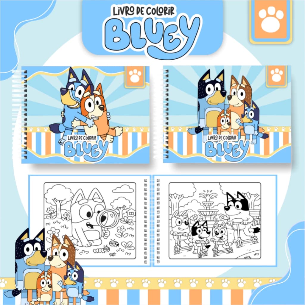 Livro de Colorir BLUEY Capa Dura - 50 Páginas - Caderno de Colorir Bluey