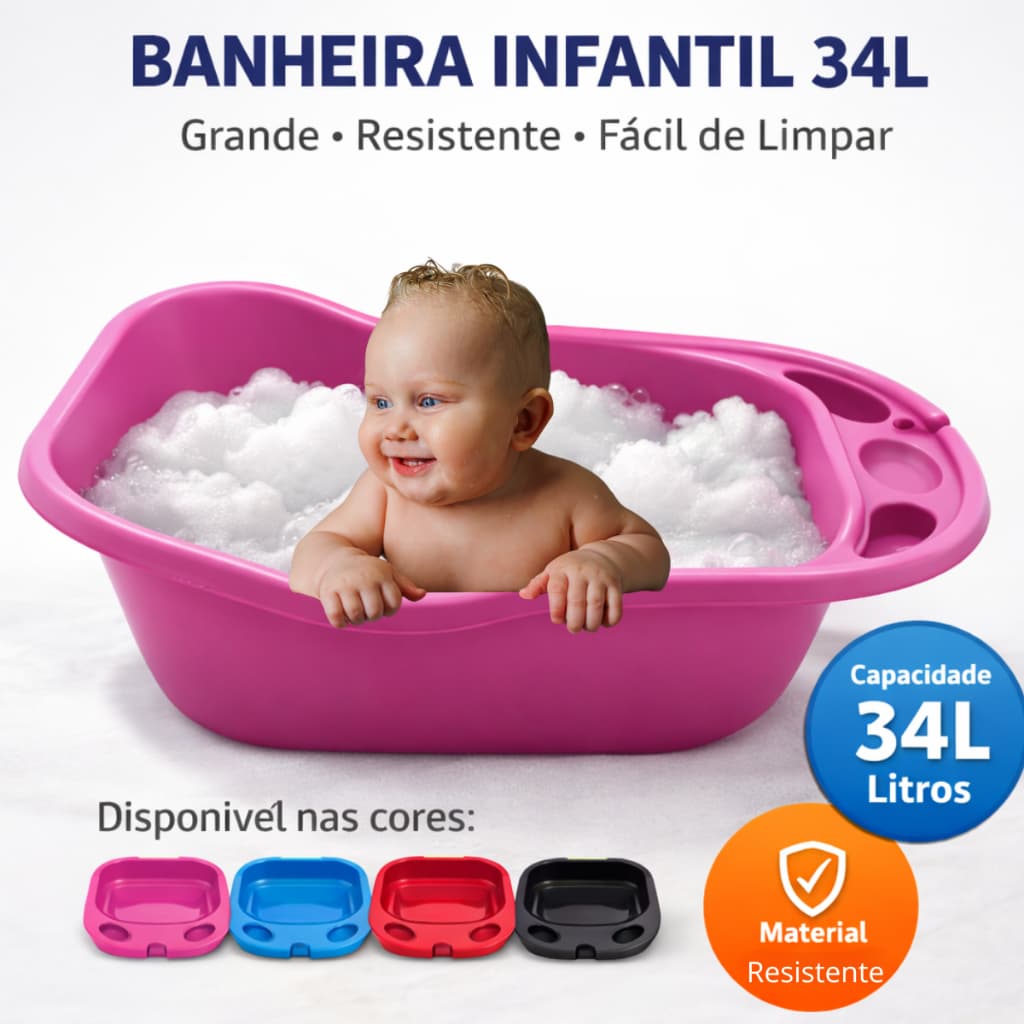 Banheira Infantil 34 Litros Grande Banho Bebê Criança Cores