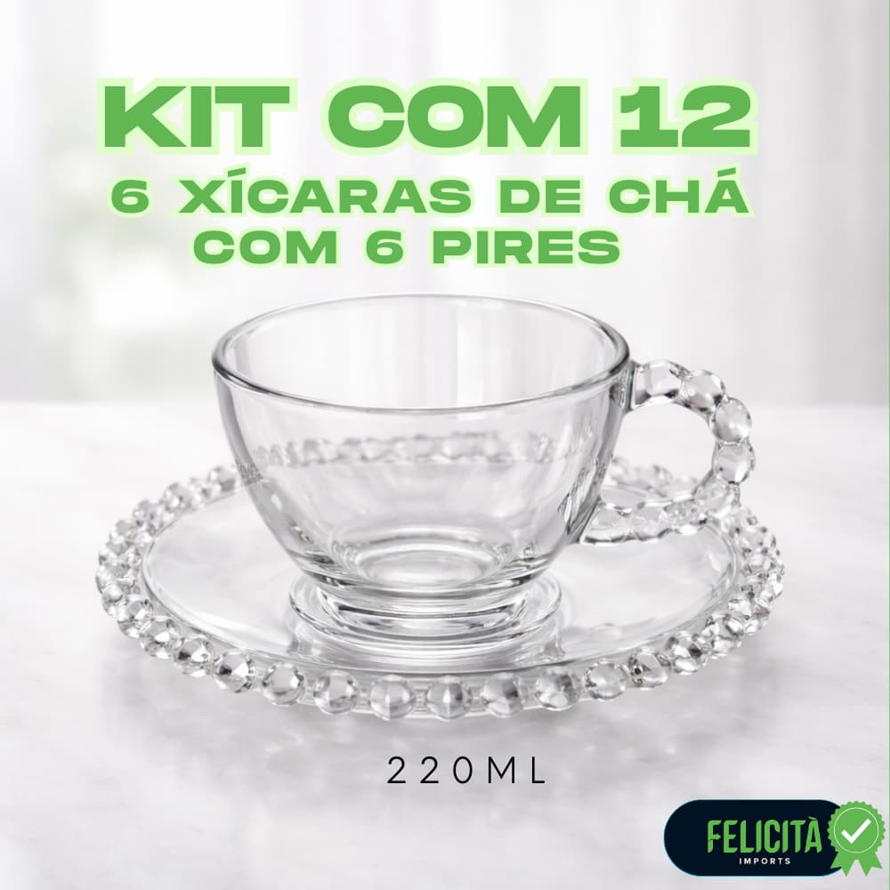 Jogo 6 de Xícaras 220ml e 6 Pires Vidro BubblyTransparente Design Moderno e Resistente a Altas