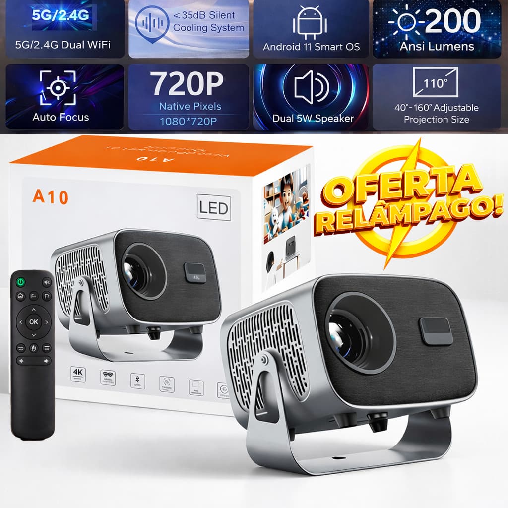 Projetor A10 4K Android 11 Cinema em Casa - Netflix e Youtube Nativo - Bluetooth 5.0 Dual Band Wi-Fi 6
