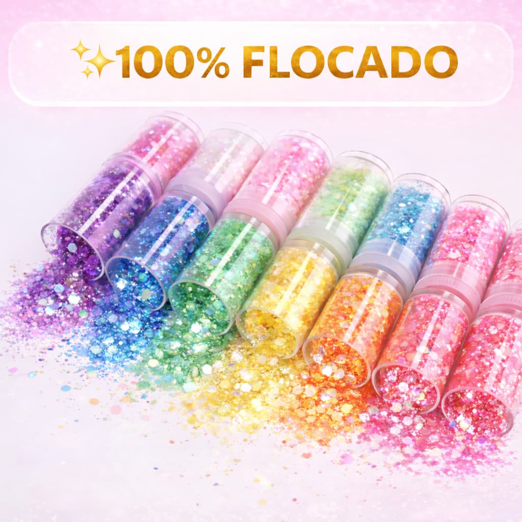 Kit 8/16 Potes Glitter 100% Flocado Chunky Holográfico – Unhas, Corpo, Artesanato, Resina, Festa e Carnaval