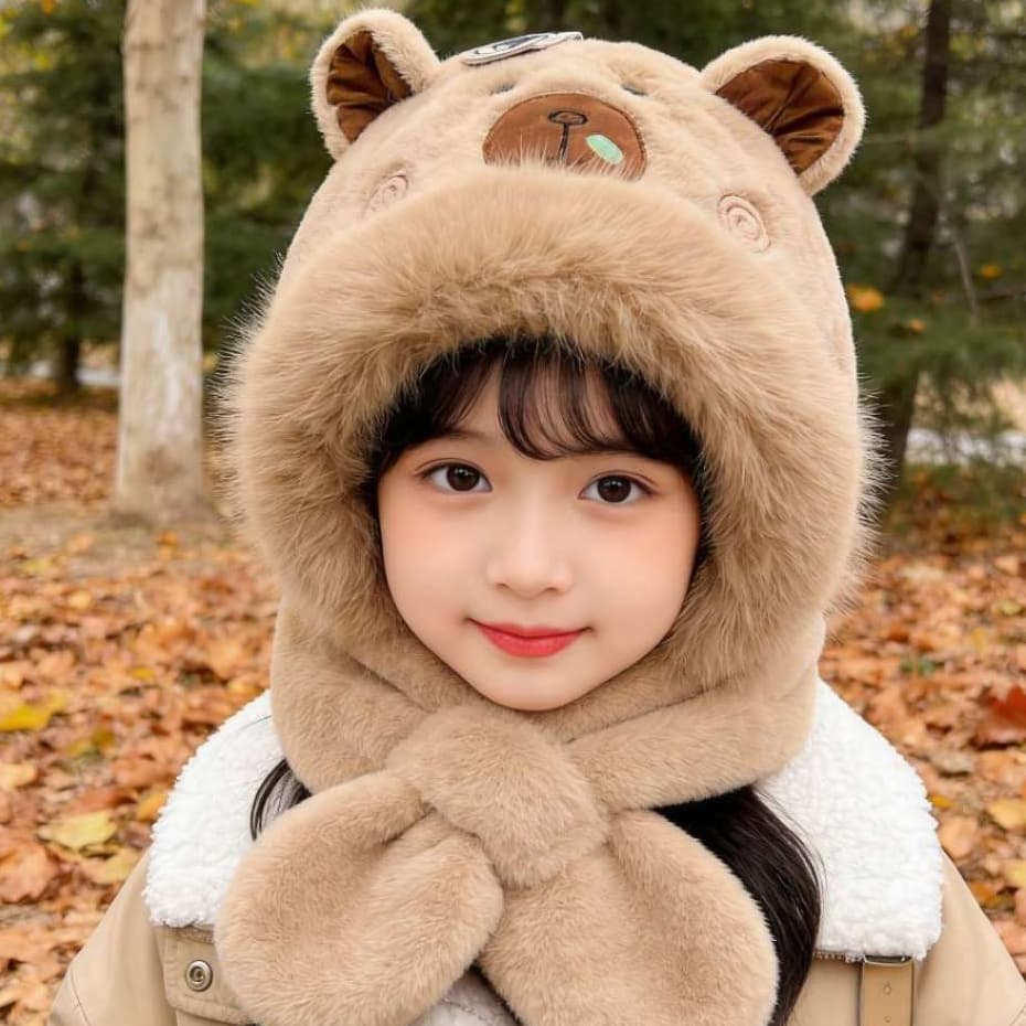 Infantil 5 ao 12 anos Panda Urso Touca Cachecol 2 em 1 Peluciada Tampa Orelha Forrada Para Menina e Menino
