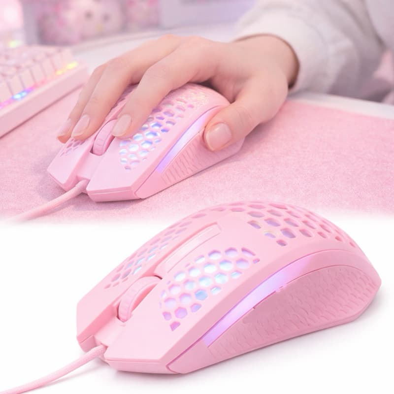Mouse Rosa Com Fio Luz De LED 7 Cores Com Transição De Cores