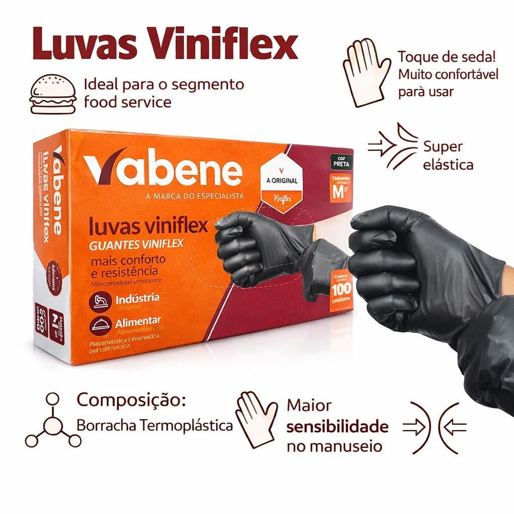 Luva preta viniflex sem pó TPE 100 Unidades | Alta Resistência Cuidado Limpeza Alimentos