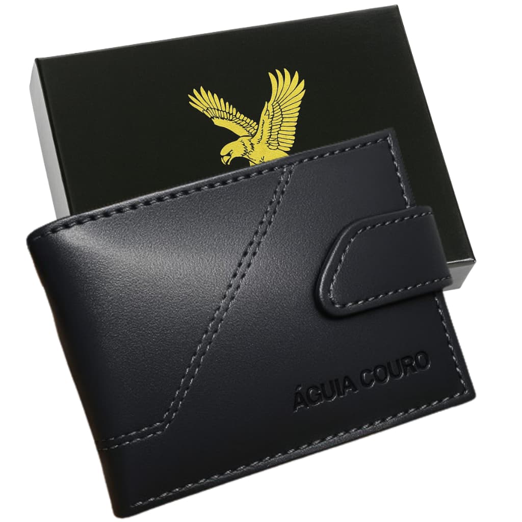 Carteira Masculina Águia Couro Legítimo Porta CNH Cartões e Moedas Compacta Com Fecho Preta