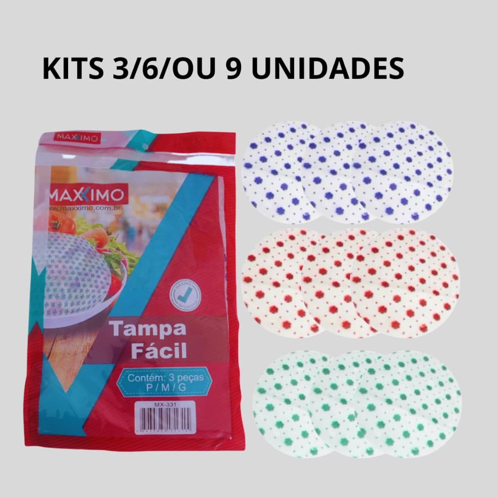 Kit com 3/ 6 ou 9 Tampas Fácil Alimentos c/ Elástico Reutilizável Manter alimentos protegidos – 3 Tamanhos Diferentes