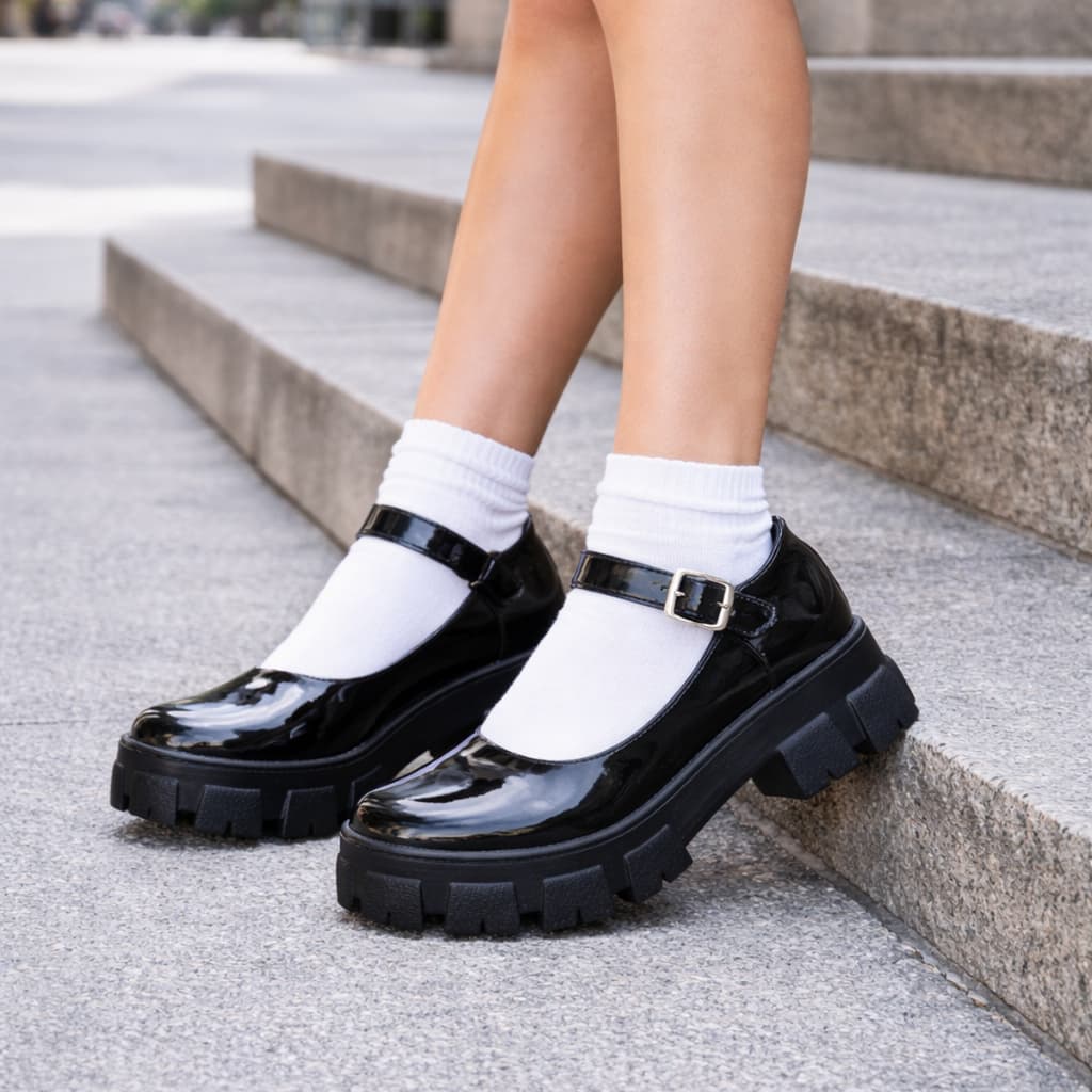 Sapato Mary Jane Feminino Salto Grosso Tratorado Sola Alta Fivela Ajustável Casual Moderno Fashion