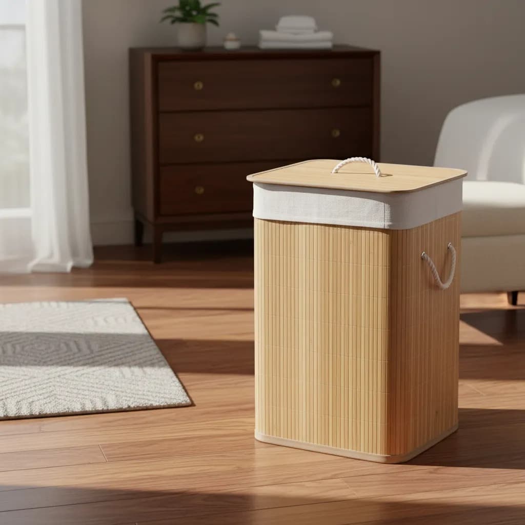 Cesto De Roupa Bege Suja De Bambu Com Tampa E Alças 70 Litros  Liso