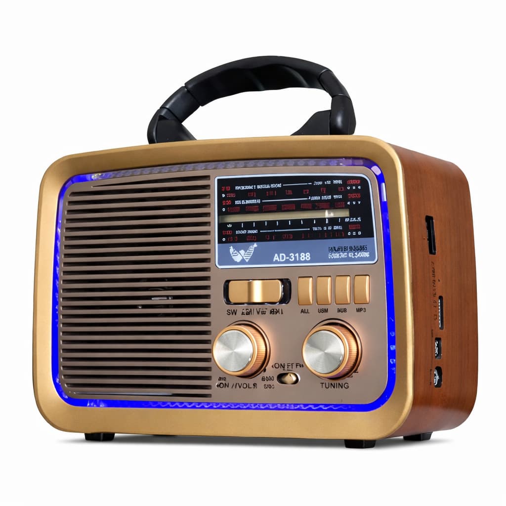 Radio Retro Portatil Bluetooth AM/FM/SW com USB TF AUX Lanterna Lateral Design Vintage com Iluminação LED Recarregavel
