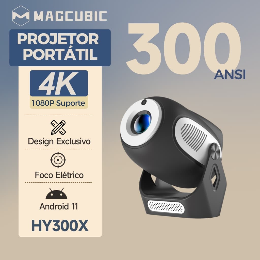 MAGCUBIC HY300X Projetor 4K Foco Eletrônico 300ANSI Portátil Bluetooth 5.0 WiFi 6