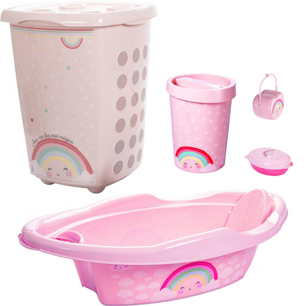 Kit Cesto de Roupa 38L, Banheira 21L, Lixeira 5,5L, Saboneteira e Porta Chupeta Para Bebês ARCO ÍRIS