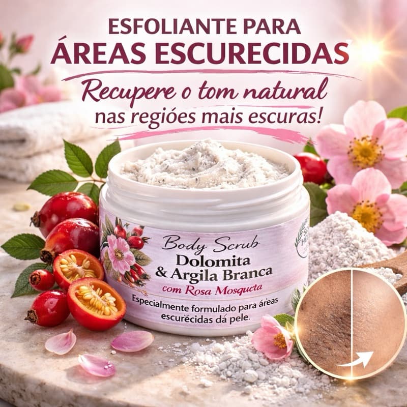 Esfoliante de Dolomita, Argila Branca e Rosa Mosqueta - Áreas Escurecidas da Pele (Virilha, Axila, Cotovelos..)