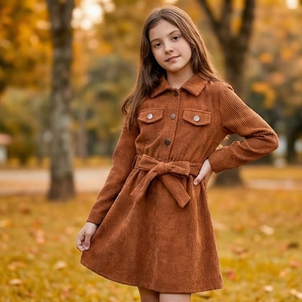 Vestido Manga Longa Canelado Cotelê Infantil e Juvenil com Cinto Outono Inverno