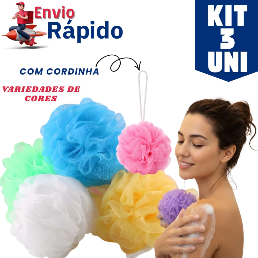 Kit Com 5/3 ou 1 Esponjas De Banho Nylon Grande Bucha Esfoliante Toque Macio Suave Com Cordão