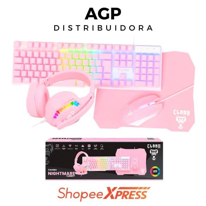 Kit Gamer Combo Gamer Rosa 4 em 1 Teclado, Mouse, Headset e Mouse Pad Nightmare Candy