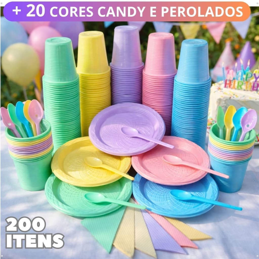 Kit 200 Itens Festa Aniversário Candy Pastel Completo Descartável Pratinho Colher Copo Guardanapo Descartaveis Perolado