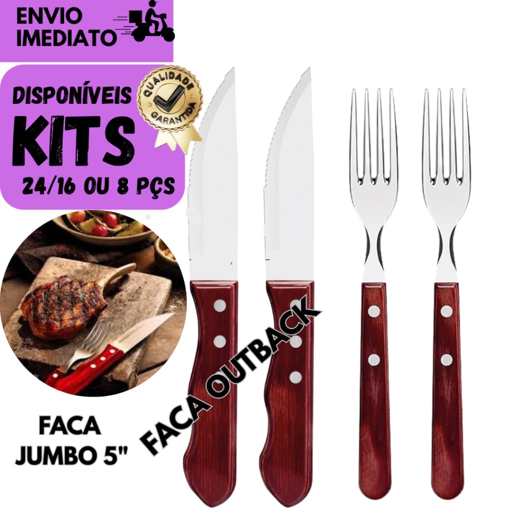 kits 24/16 ou 8 Faca Jumbo + Garfos Inox Cabo de Madeira p/Churrasco Costela Outback uso Dia