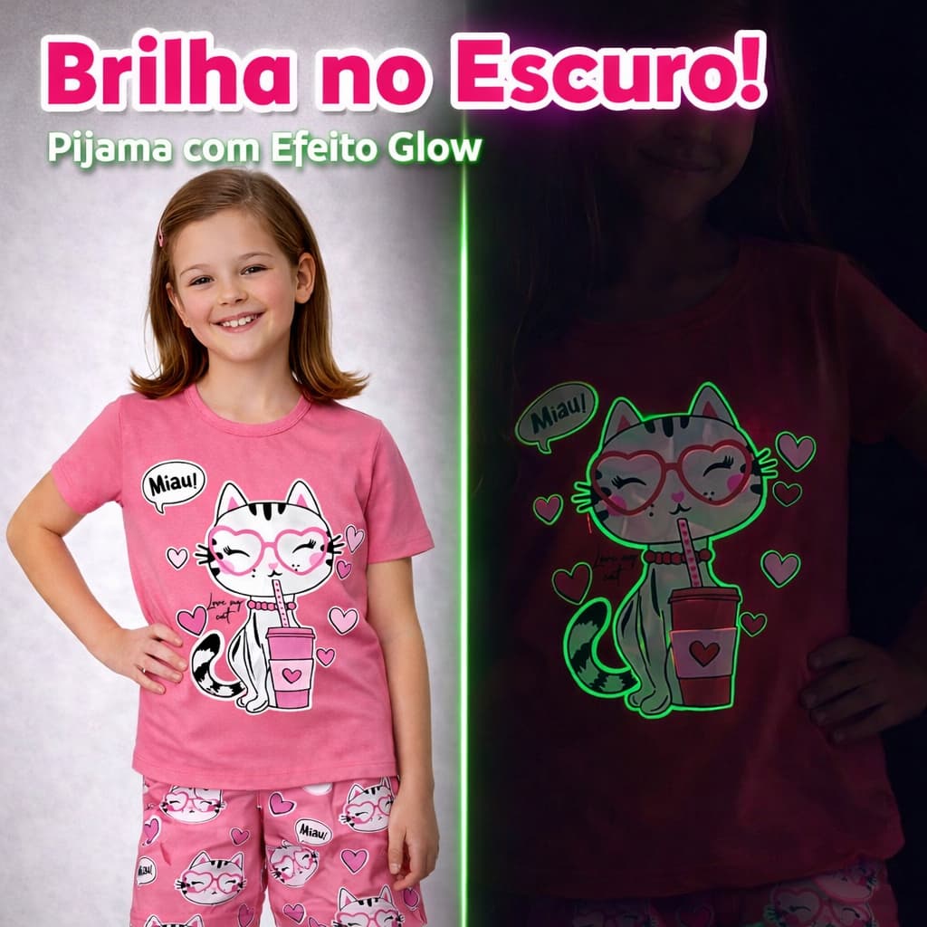 Conjunto Pijama Brilha no Escuro Infantil Menina 100% Algodão