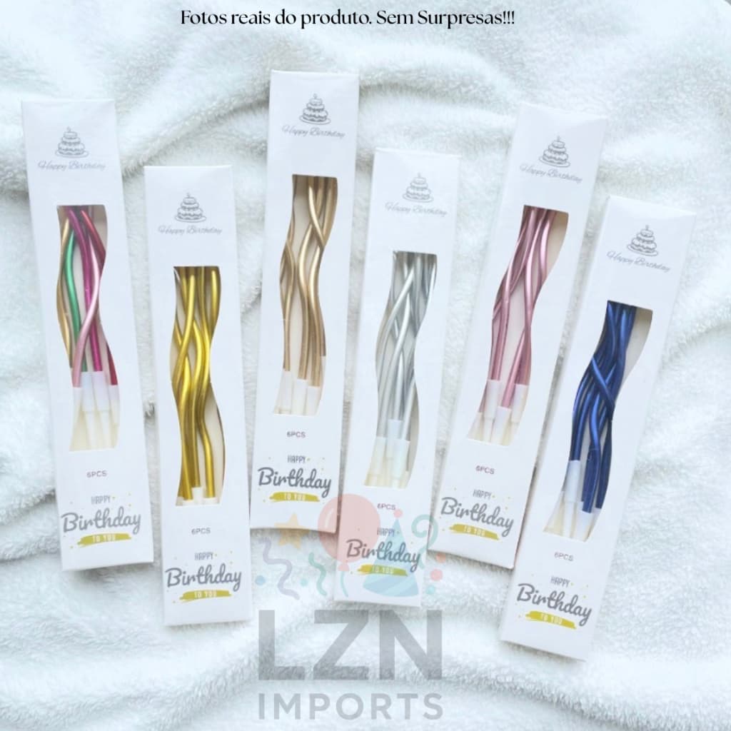 Kit 6 Velas de Aniversário Curvas Parafina Luxo para Bolo Decoração Festa Casamento