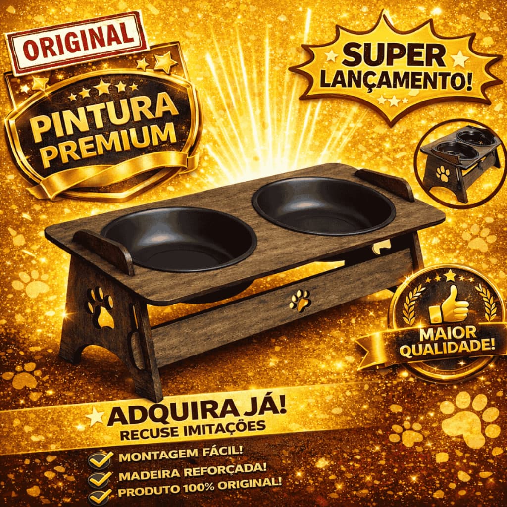 Suporte Elevado Pet com 2 Potes para Ração e Água em Madeira Resistente para Gato e Cachorro