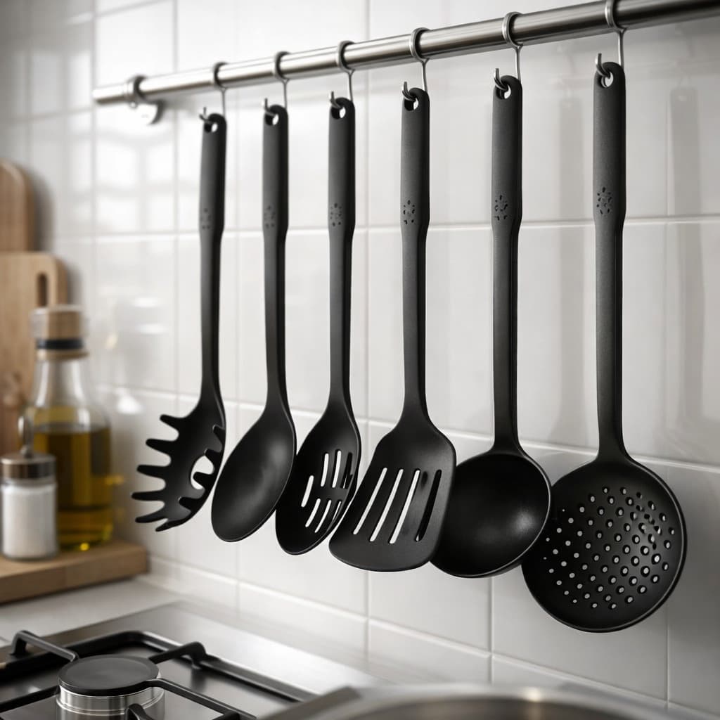 Utensílios de Cozinha Nylon com 4,5,6  Peças antiaderente Preto Resistente ideal para Panelas