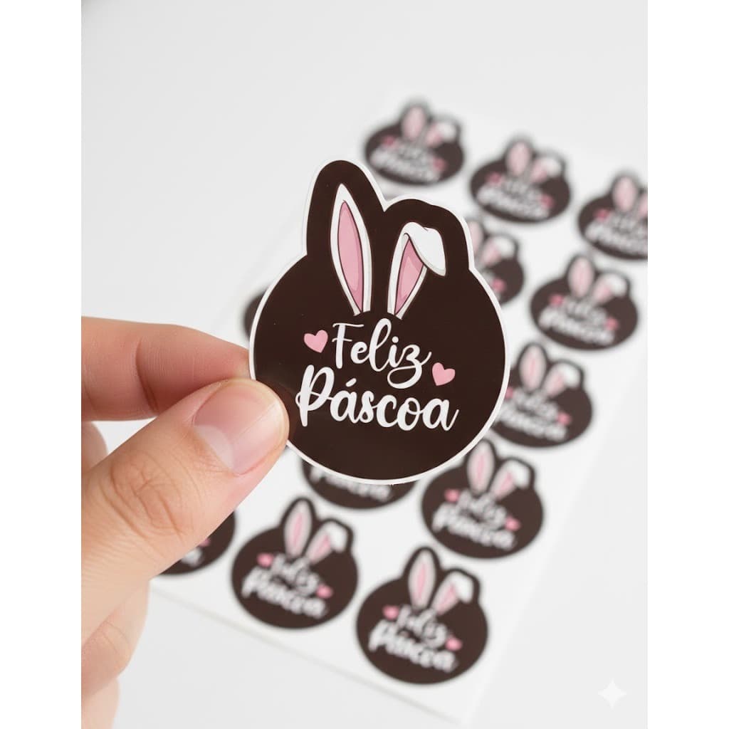 100 Adesivos Páscoa Orelha Coelho Etiquetas P/ Ovos De Colher Doces 40x50mm Vinil Brilho Impermeável Recorte Especial