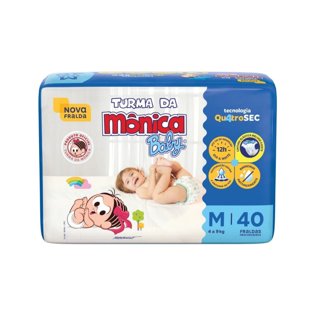 Fralda Turma da Mônica Baby Econômica | Tamanho M | 40 Unidades | 4 a 9kg | Alta Absorção, Antivazamento, Confortável