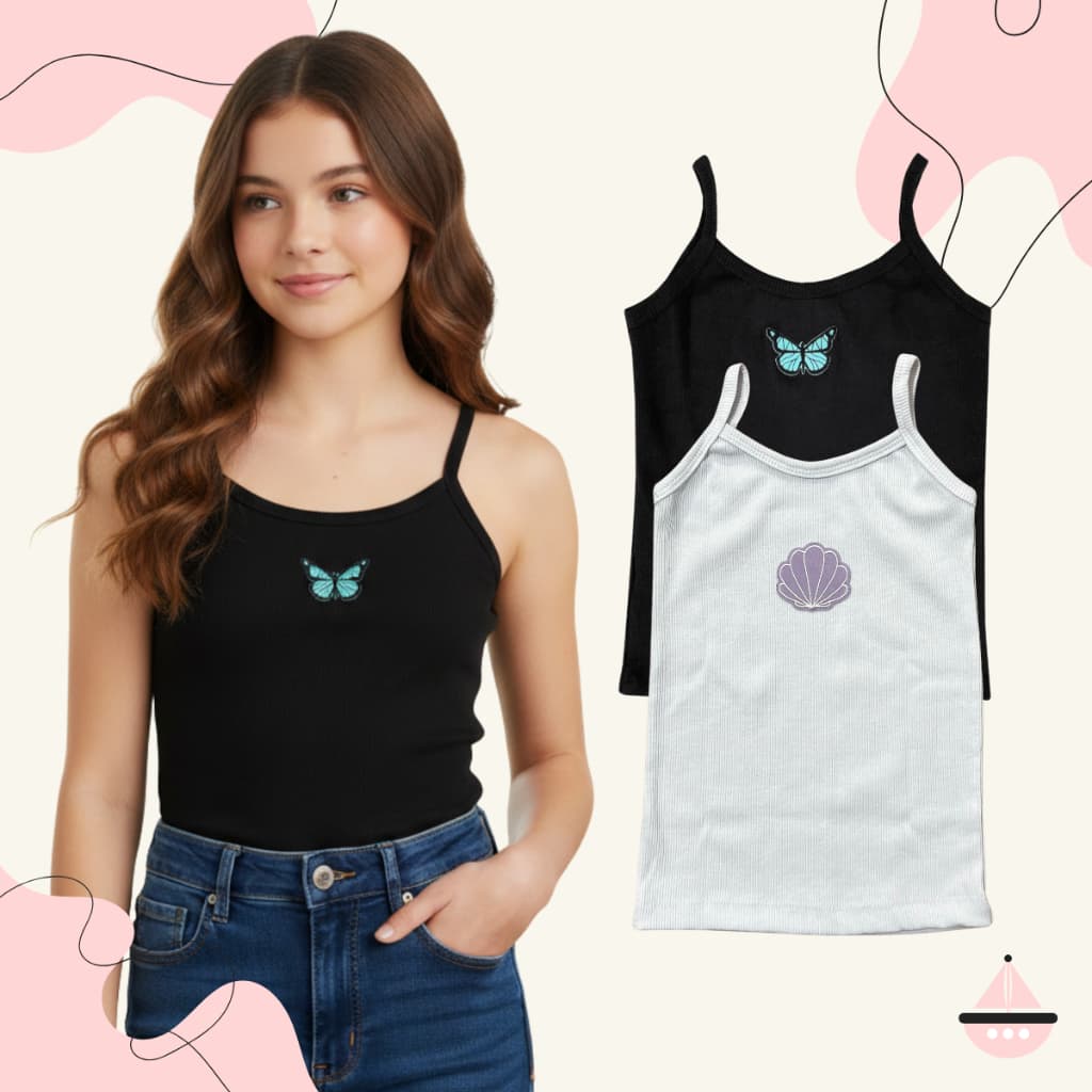 Kit 2 Blusinha Regata Infantil Menina Canelada Moda Girly Confortável Fofo Passeio Dia a Dia Praia