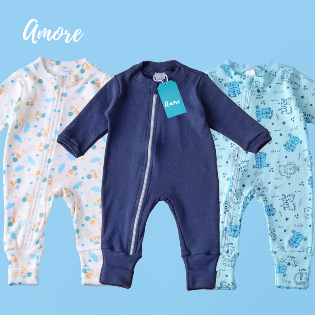 Kit 3 Macacão Roupas Bebê Amore Vira Pé com Zíper Aviãozinho 100% Algodão
