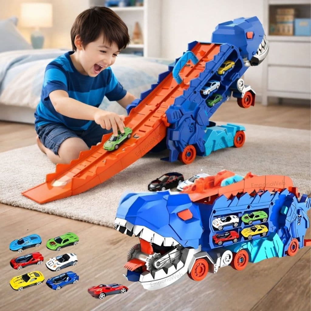 Caminhão De Engolir Dinossauro Transporte T-Rex Cegonha Pista Carrinhos Maleta Carros