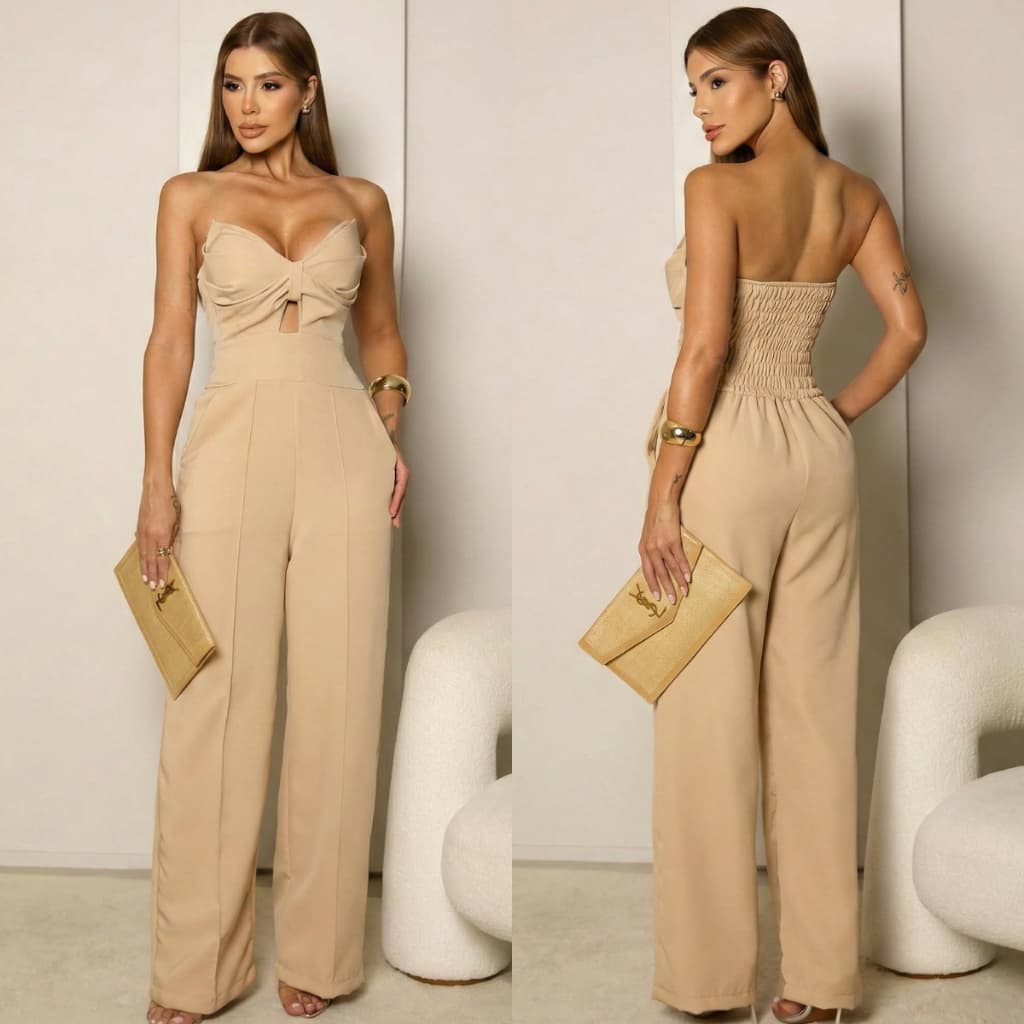 Macacão Feminino Longo Alfaiataria Calça Pantalona Com Bojo Lastex Nas Costas e Bolsos Tomara que Caia Luxo Festa Chic