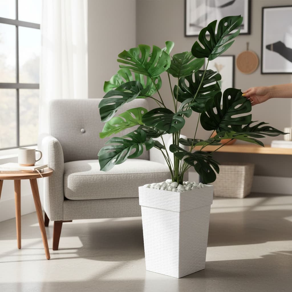 Planta Artificial Flores Costela de Adão + Vaso Decorativo Grande Rattan Decoração Enfeite Sala Casa