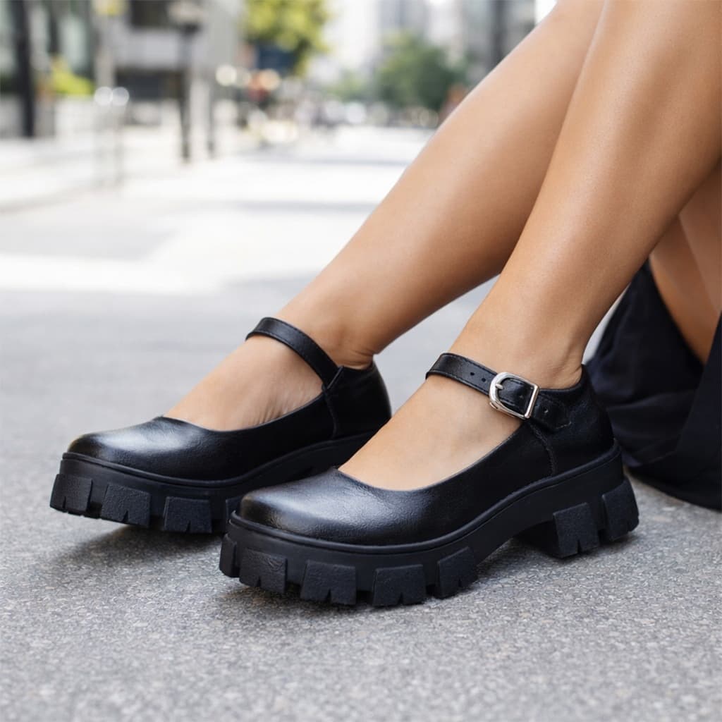 Sapato Feminino Mary Jane Tratorado Fivela Ajustável Estiloso Confortável Lançamento Black Gótica