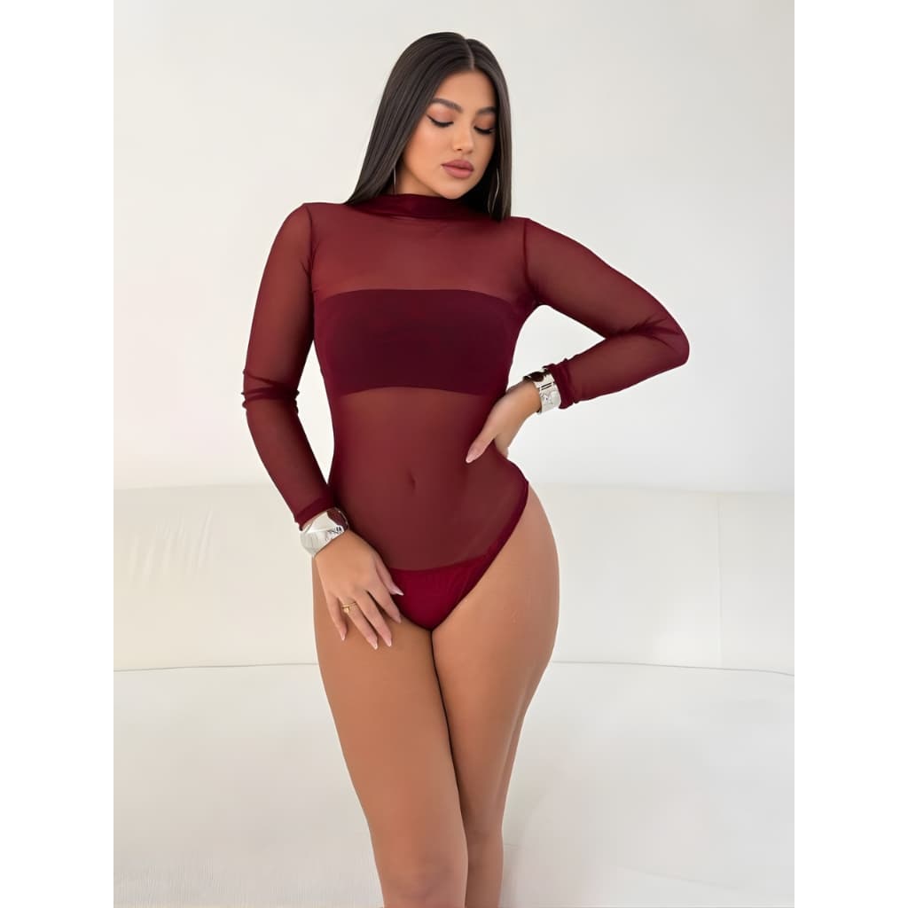 Body de Tule Bori Manga Longa Influencer Moda Elegante Feminina Sexy