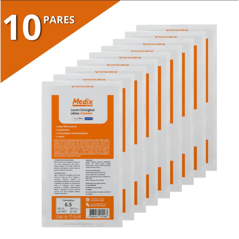 Luva Cirúrgica Estéril c/ Pó Medix 6.0/7.0/7.5 10 Pares